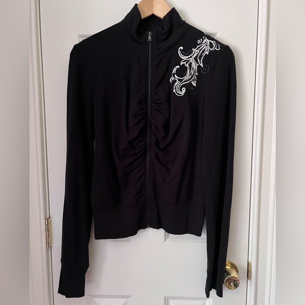 Express - Woman’s Black Long Sleeve with Silver Design Zippered Shirt